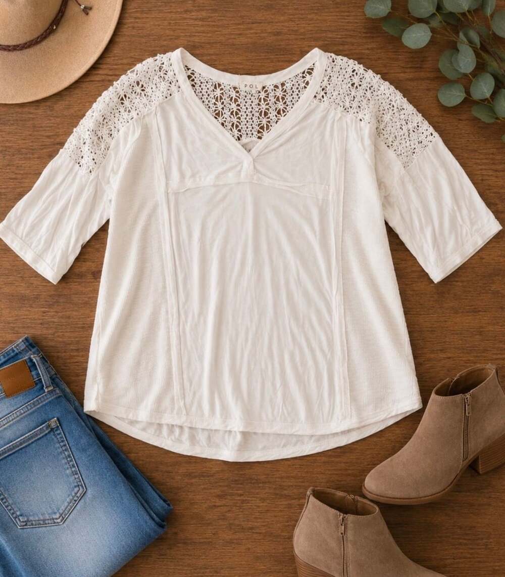 POL Dreamer White Crochet Jersey Top Oversized Small Shirt (r1)